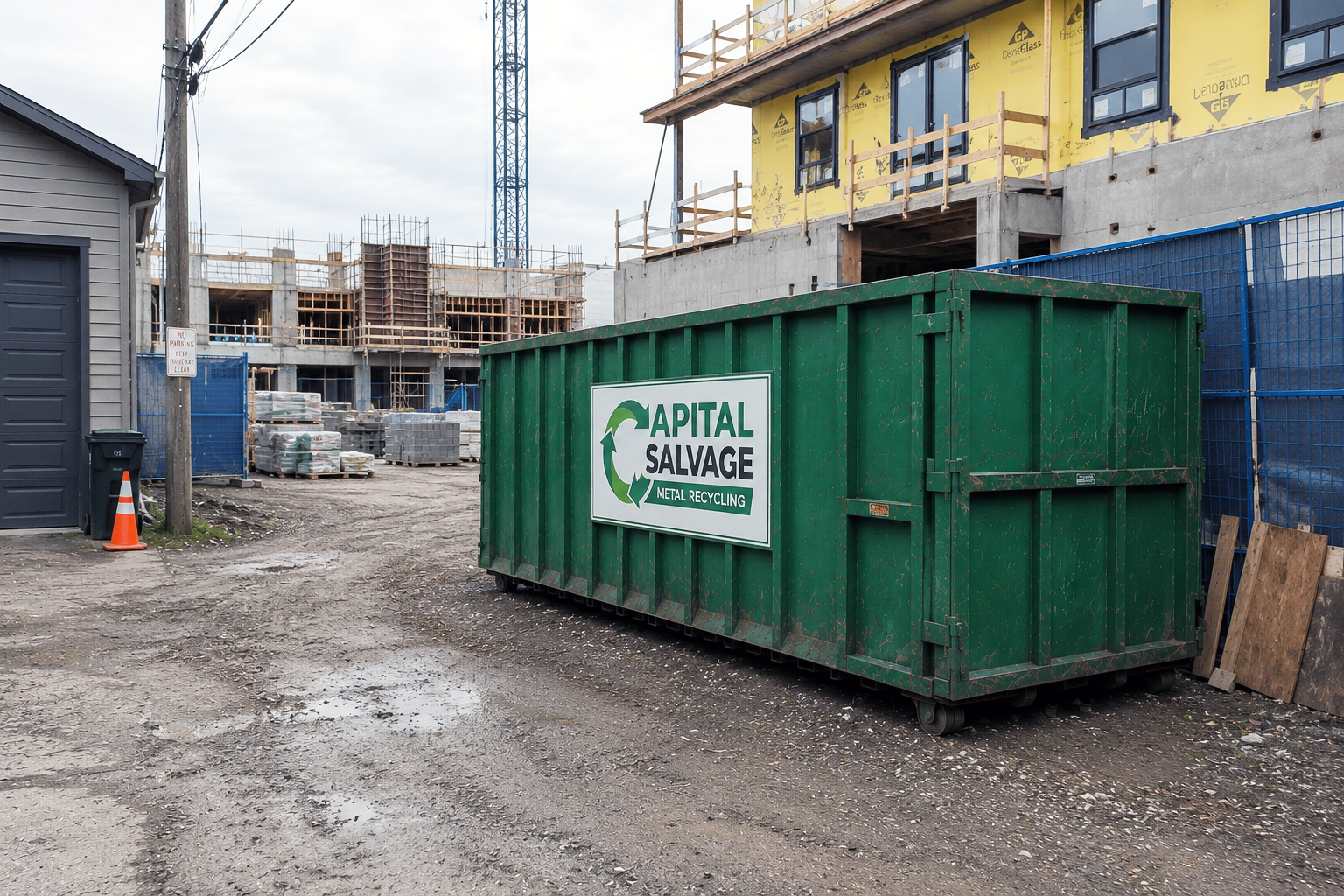 A 40 yard bin with the 'Capital Salvage Metal Recycling' words and logo on the side