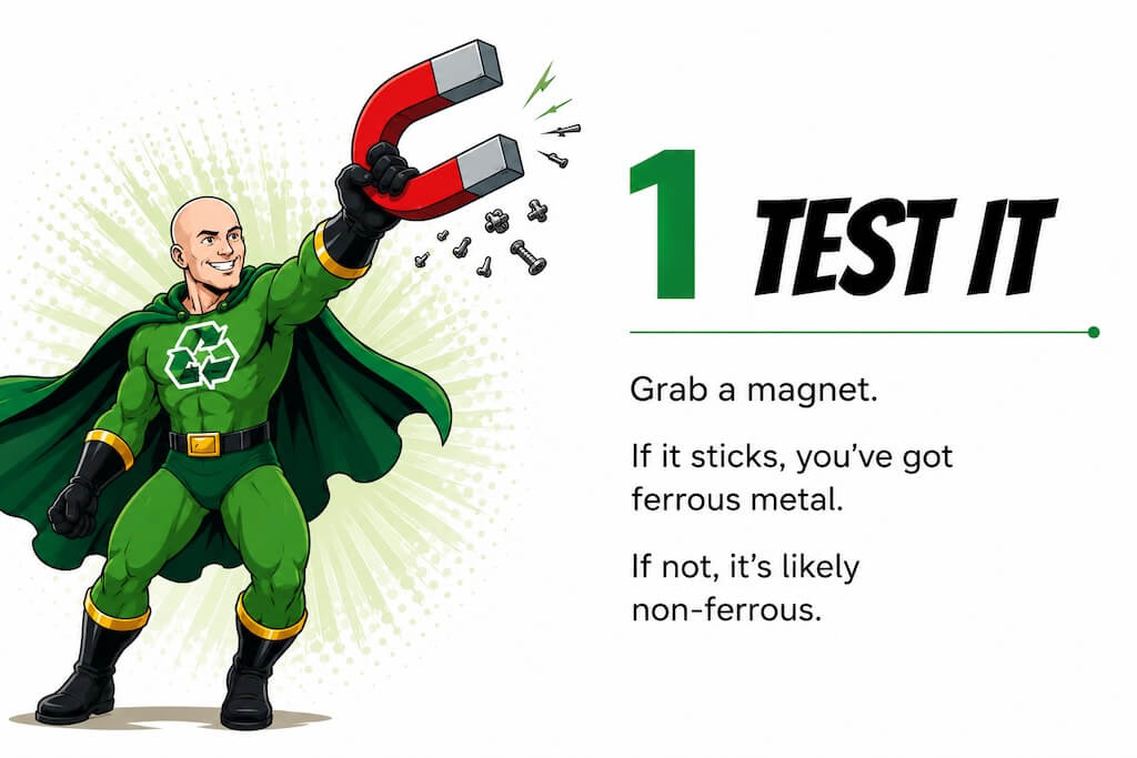 Step 1 TEST IT. Grab a magnet. If it sticks, you've got ferrous metal. If not, it's likely non-ferrous.