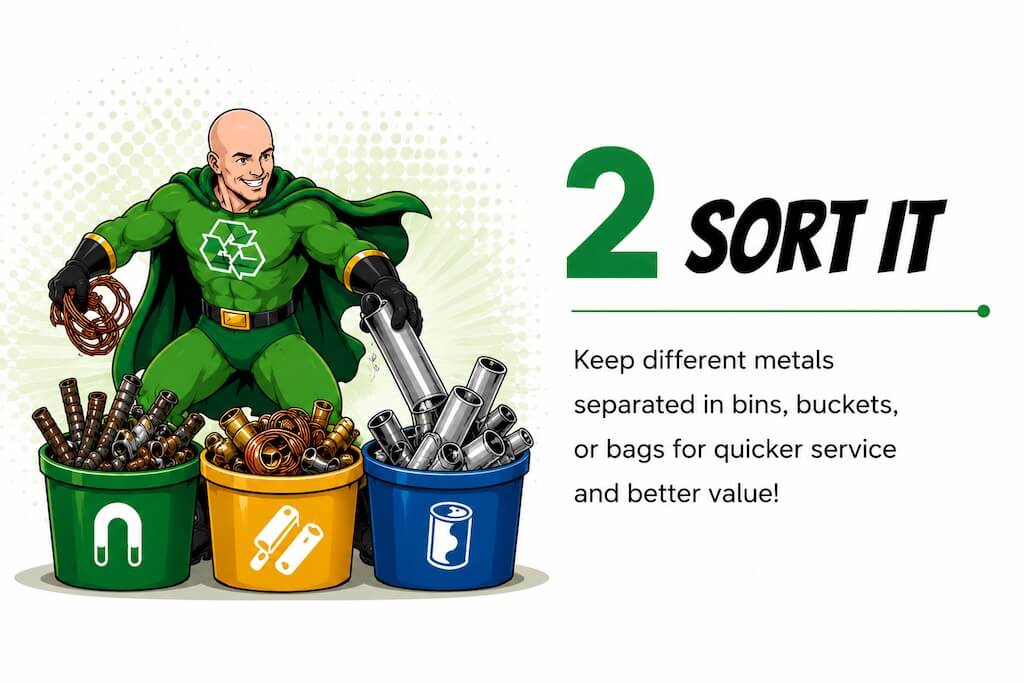 Step 2 SORT IT. Keep different metals separated in bins, buckets, or bags for quicker service and better value!