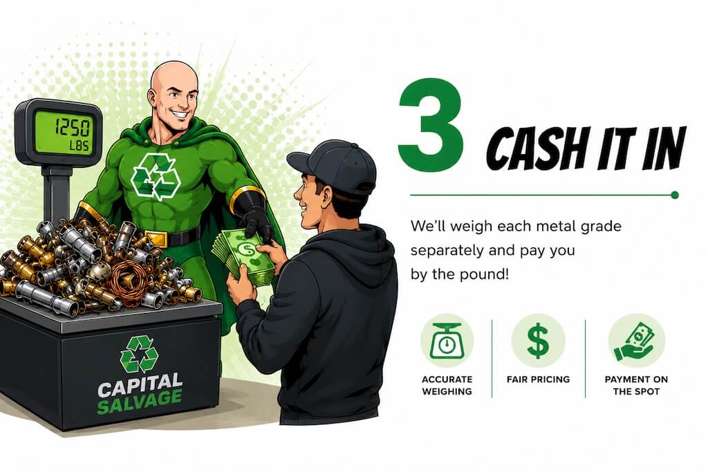 Step 3 CASH IT IN. We'll weigh each metal grade separately and pay you by the pound! $ FAIR PRICING ACCURATE WEIGHING PAYMENT ON THE SPOT