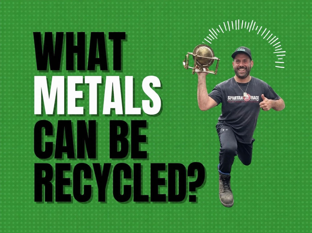 A man holds up some scrap metal above his head, with the words 'What Metals Can Be Recycled?'.